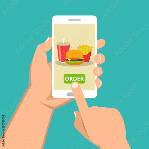 Hand holding smartphone with hamburger, french fries, cola on the screen. Order fast food concept. Flat vector illustration.