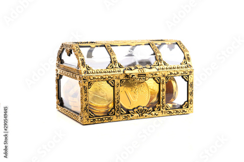 Treasure box with gold coin isolated on white background