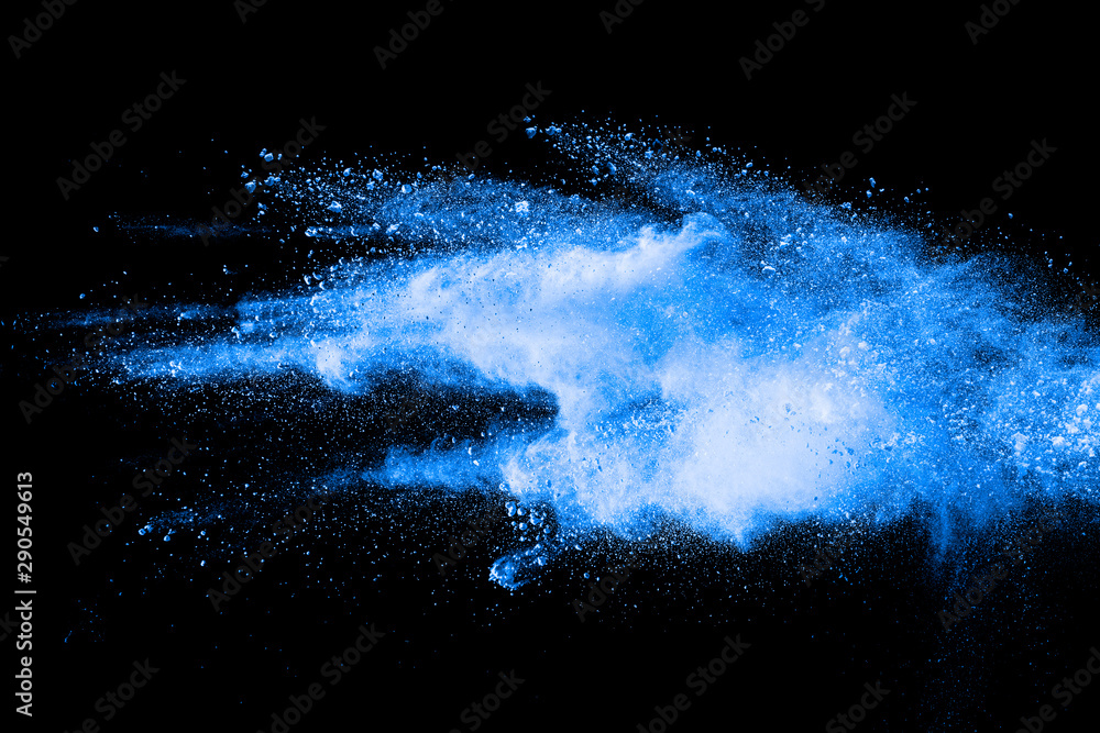 Blue color powder explosion cloud on black background.Closeup of Blue dust particles exhale on dark background. - obrazy, fototapety, plakaty 
