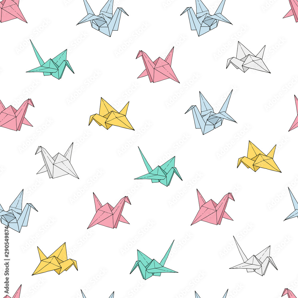 Origami birds crane shapes vector seamless pattern, hand drawn folder paper japan art color animals background