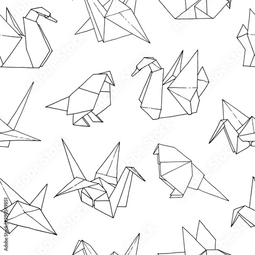 Origami birds shapes vector seamless pattern, hand drawn folder paper japan art animals background: crane, swan, dove, parrot