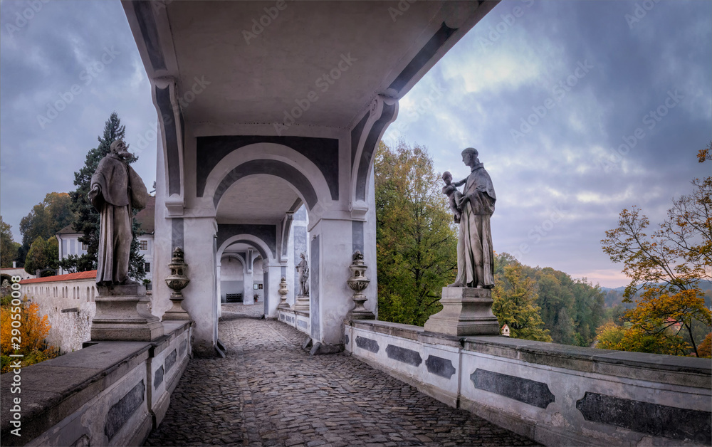 Cesky krumlov empty cloak bridge at the morning. Famous small town in Czech Republic.