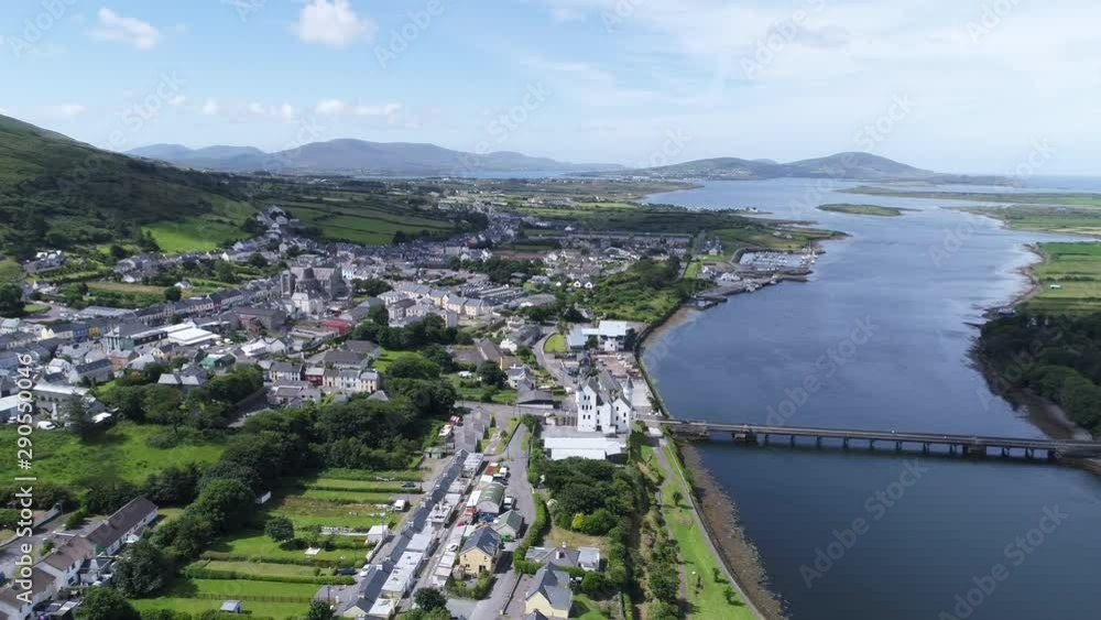 Cahersiveen on riverbank in Ireland, aerial Cahersiveen on riverbank in Ireland, aerial
