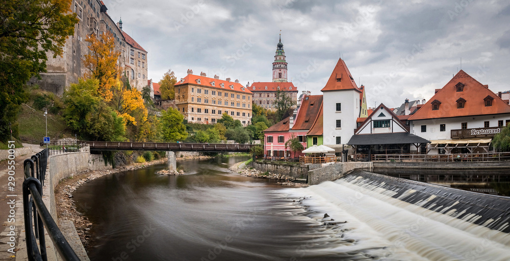 Panoramic view of the historic city of Cesky Krumlov. UNESCO World Heritage Site in afternoon light, Czech Republic