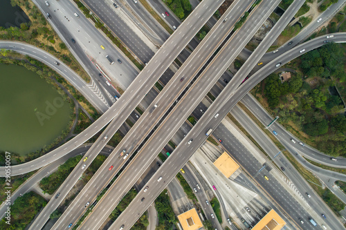 TRansport aerial view of intersection traffic cross road with vehicle movement