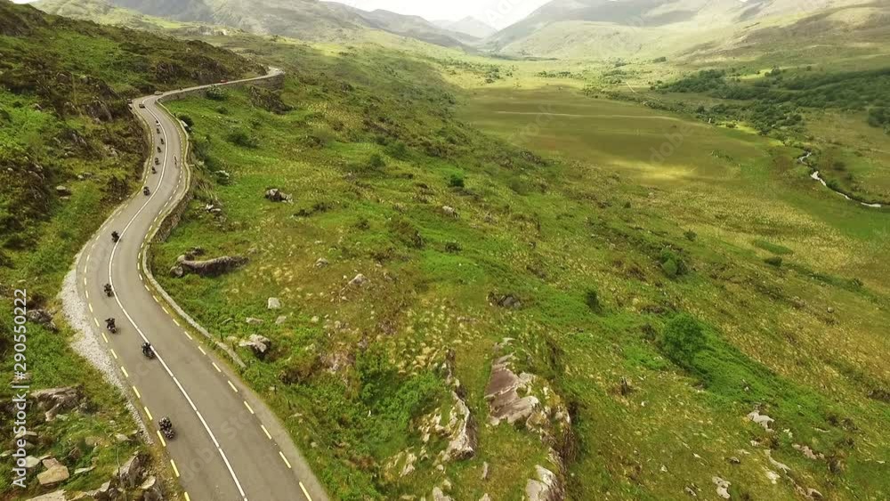 Aerial, fleet of motorcycles drive in Ireland Aerial, fleet of motorcycles drive in Ireland