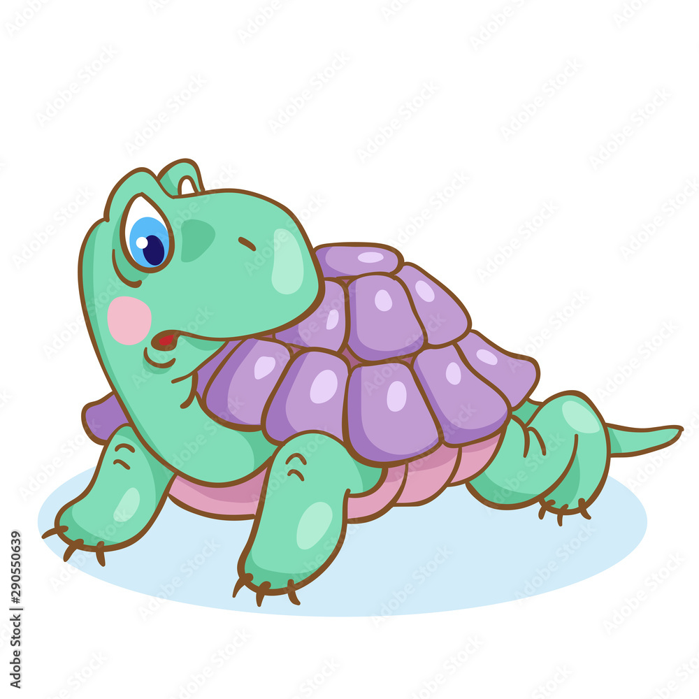 Fototapeta premium Funny little turtle in cartoon style isolated on a white background. Vector illustration.