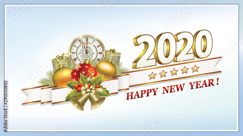 Happy New Year 2020. Festive banner with clock, balls, gifts and decorative ribbon with bells