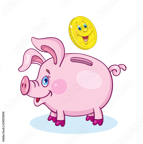 Piggy bank and gold coin. In cartoon style on a white background.
