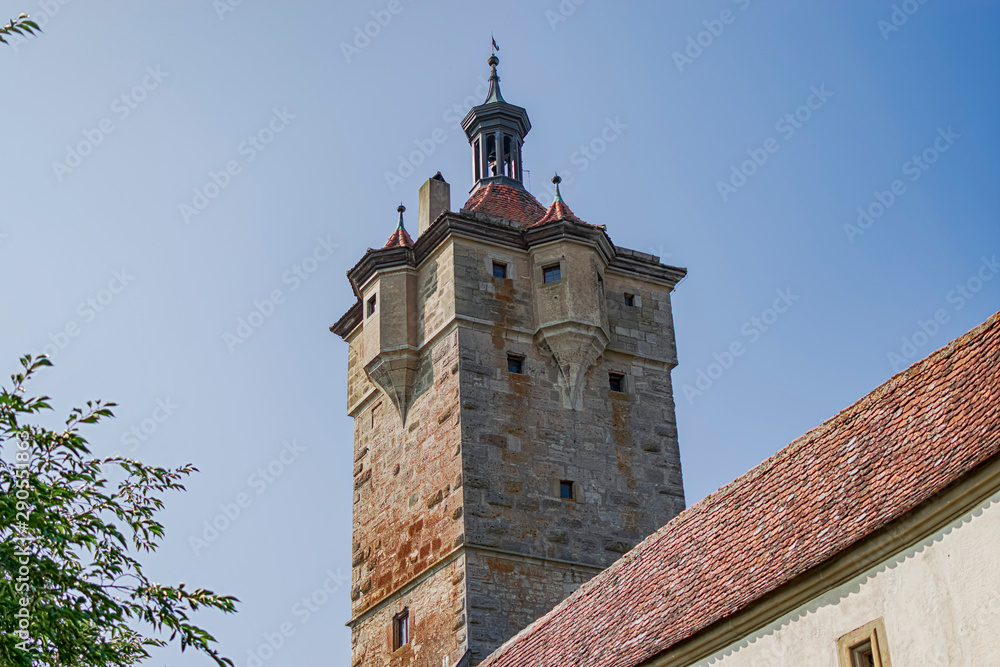 Detail of one of the Towers of the wall of the Romantic Village of Rothenburg ob der Tauber. Photograph taken in Rothenburg ob der Tauber, Bavaria, Germany.