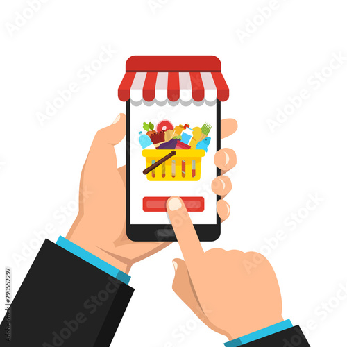 Order food online. Hand holding smartphone with food basket on the screen. Flat vector illustration.