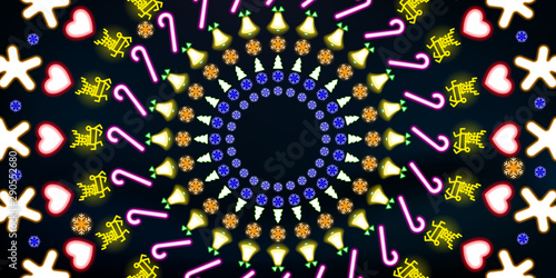 Foto Multi-colored round neon shining, Christmas and New Year background