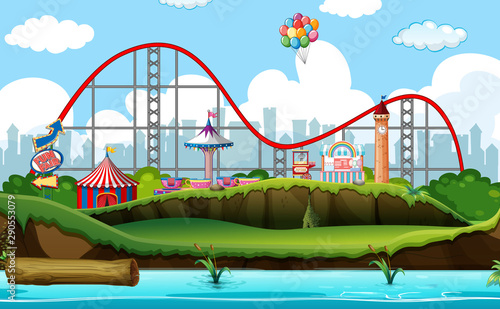 Scene background design with roller coaster and other rides
