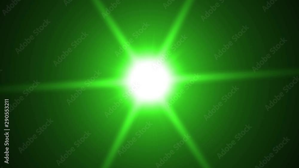 Bright green light appearing and dissappearing while moving by curved trajectory and spinning on black background
