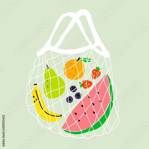 Eco shopping net bag with various healthy food. Zero waste, plastic free concept. Different fresh fruits and berries. Colored trendy vector illustration. Cartoon style. Flat design