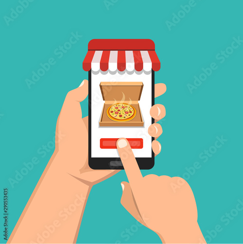 Order pizza online. Hand holding smartphone with pizza box on the screen. Order fast food concept. Flat vector illustration.