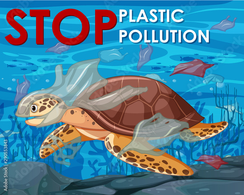 Poster design with sea turtle in the ocean