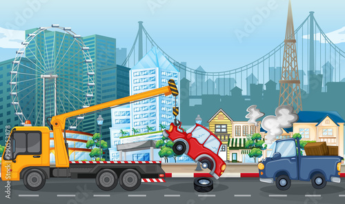 Accident scene with car crash and tow truck in city