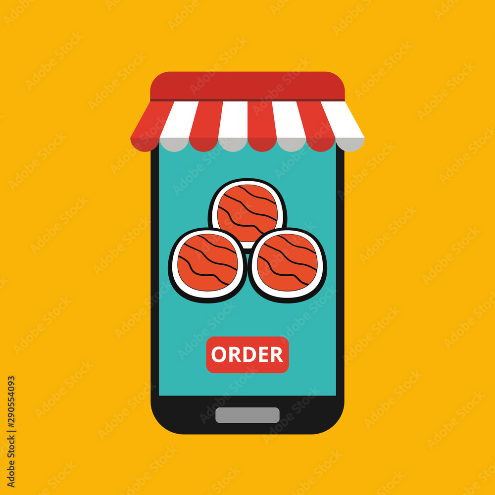 Smartphone with sushi on the screen. Order fast food concept. Flat vector illustration. Smartphone with sushi on the screen. Order fast food concept. Flat vector illustration.