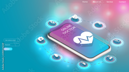 Online tele medicine isometric concept. Medical consultation and treatment via application of smartphone connected internet clinic.