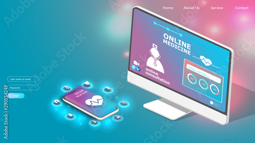 Online tele medicine isometric concept. Medical consultation and treatment via application of smartphone connected internet clinic.