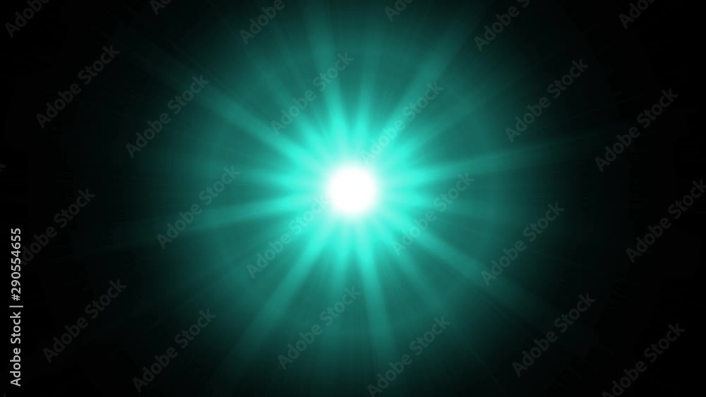 Bright light with flickering rays appearing and dissappearing while moving by curved trajectory and spinning and changing colors on black background