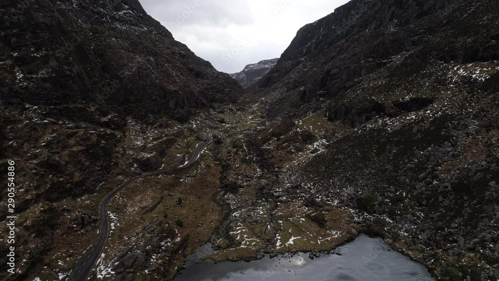 Aerial, snowy mountains in Gap of Dunloe Aerial, snowy mountains in Gap of Dunloe
