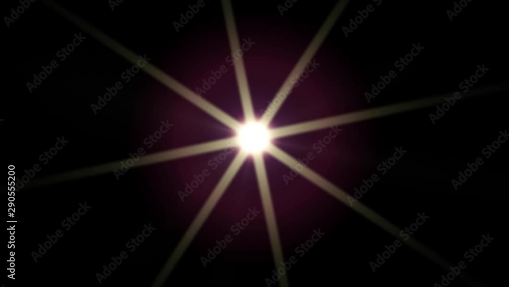 Bright light with flickering rays appearing and dissappearing while moving by curved trajectory and spinning on black background