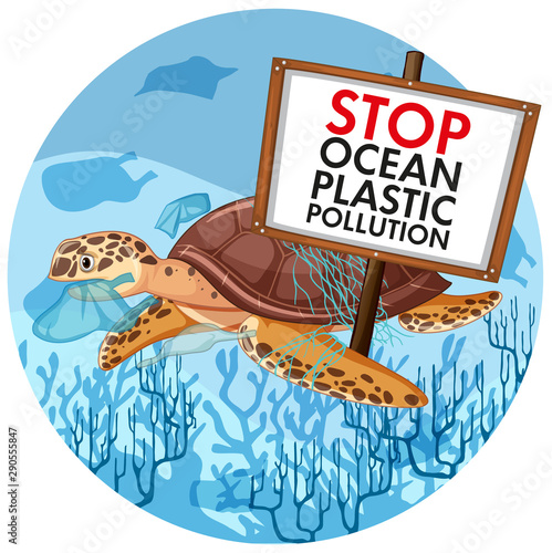 Poster design with sea turtle holding stop plastic pollution