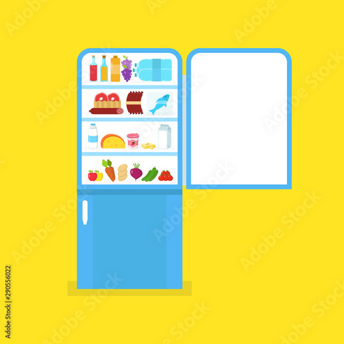 Full of food opened refrigerator. Fridge and fruit and vegetable. Flat vector illustration.