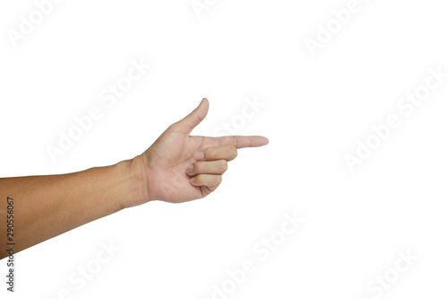 the naked hand in action of gun shooting with pointing the indext finger forward on white background isolated
