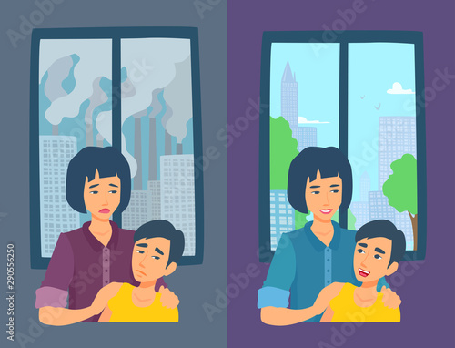 Urban polluted and clean air. The family suffers from a bad environment. Before and after.