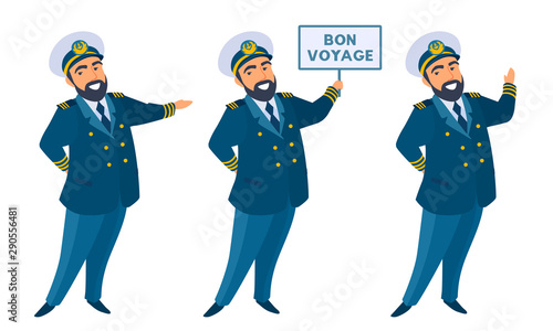 Friendly ocean liner captain welcomes, invites passengers, holding a banner with text, smiling.