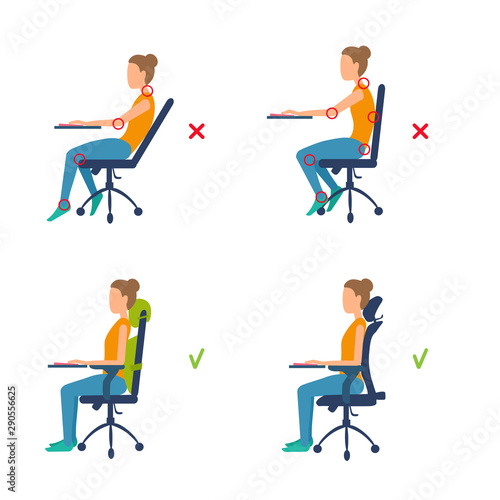 Correct and incorrect sitting positions. Posture for a healthy spine. 