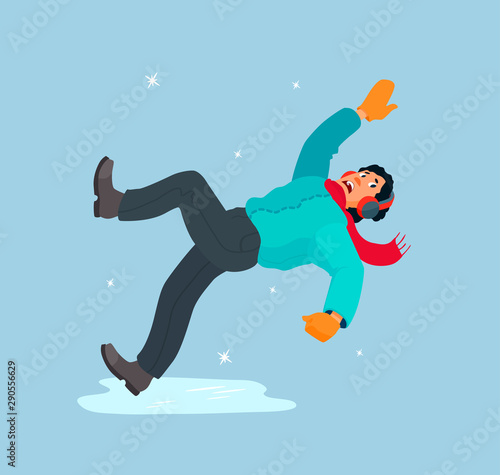 A scared man slipped on ice, falls, waving his hands. Dangerous slippery winter road.