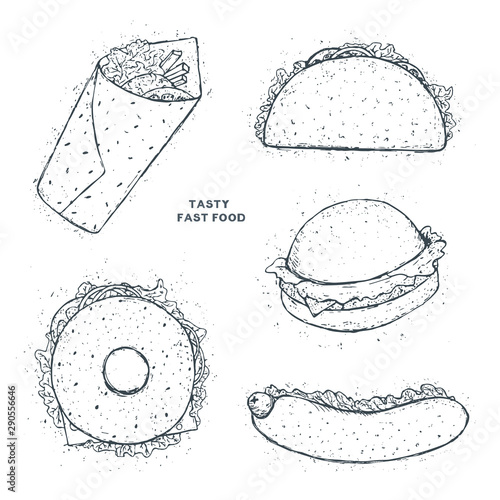 Fast food contour black and white illustration. Taco, hot dog, hamburger, kebab, donut.