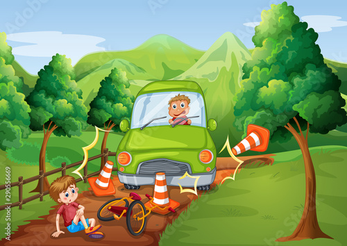 Scene with car accident in the countryside