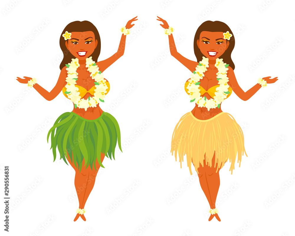 Fototapeta premium Hawaiian girl with a flower garland around her neck, wrists, ankles.