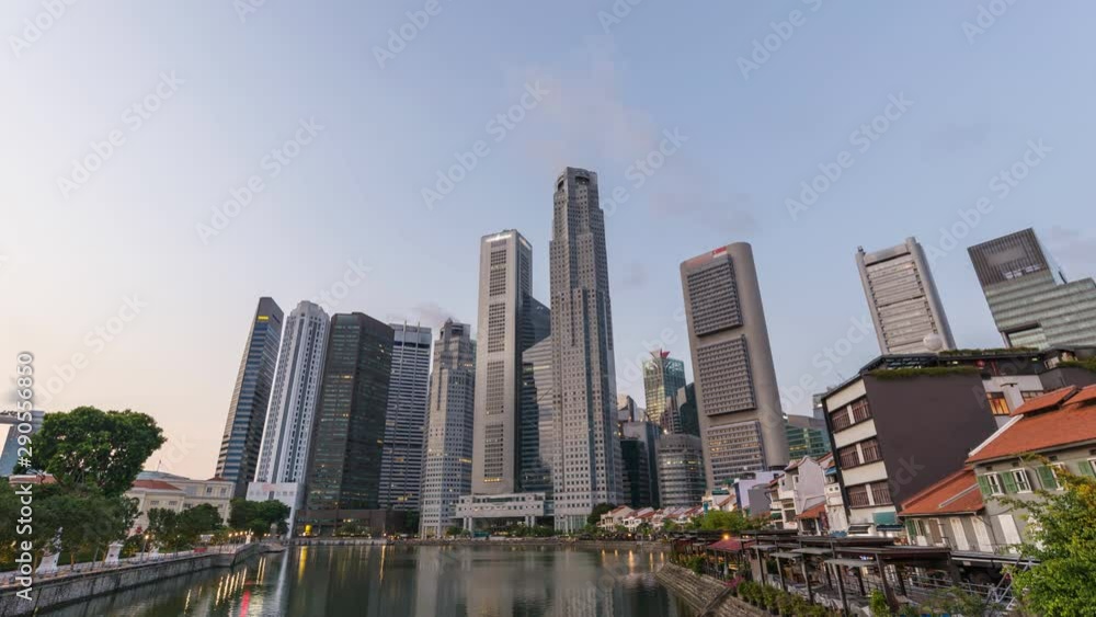 Singapore time lapse 4K, city skyline night to day timelapse at Boat Quay business district Singapore time lapse 4K, city skyline night to day timelapse at Boat Quay business district