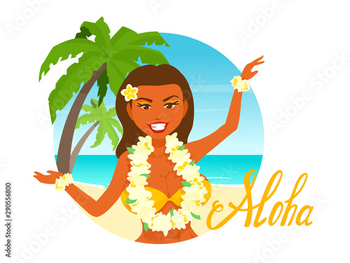 Beautiful Hawaiian girl with a flower garland around the neck. Seashore background. 