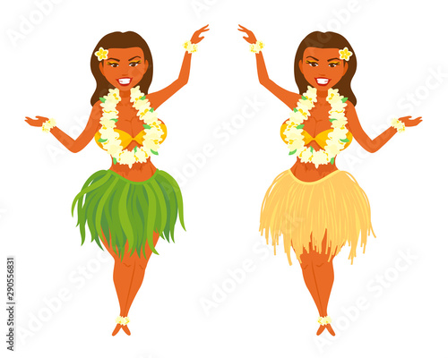 Hawaiian girl with a flower garland around her neck, wrists, ankles.