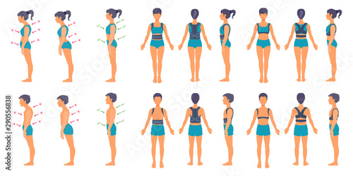 The correct and incorrect posture of the spine. Orthopedic corset, belt, brace. View from the front, back, side. 