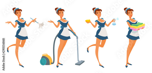 Maid girl in a uniform holding tools  feather duster  vacuum cleaner  sponge  pulverizer  clean linen  towels. 