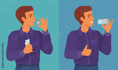 A young man takes a pill, smiling, showing approving gesture thumb up. Ad for medical tablets, vitamins. 
