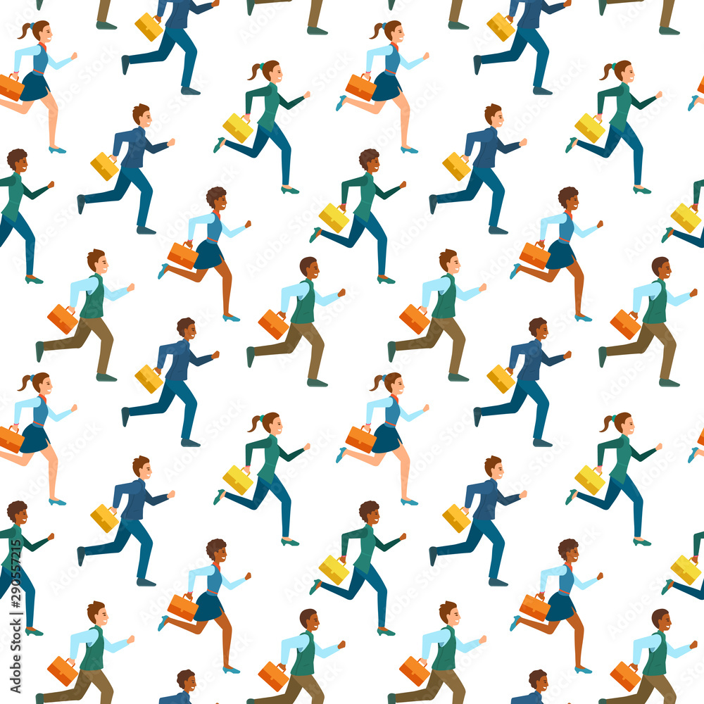 Seamless pattern. Men and women in office suits, work clothes running with suitcases. Managers hurry to work.