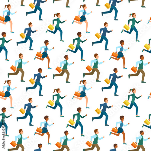 Seamless pattern. Men and women in office suits  work clothes running with suitcases. Managers hurry to work.