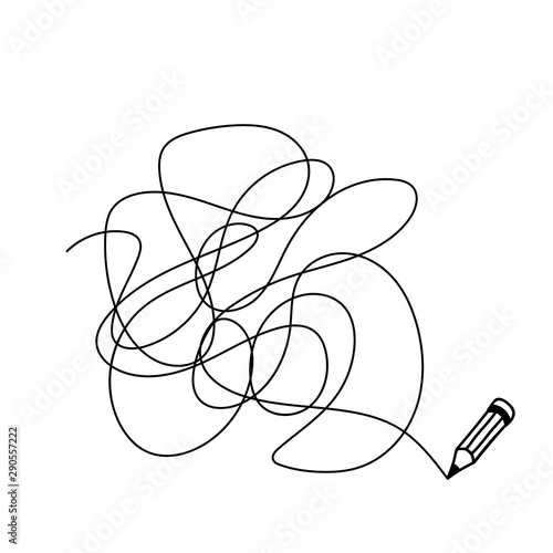 Random chaotic line drawn in pencil. Hand drawing insane tangled scribble clew. Vector illustration isolated on white background.