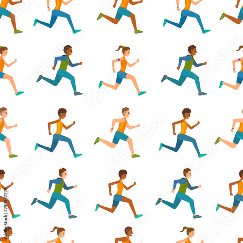 People running and smiling. Seamless pattern illustration.