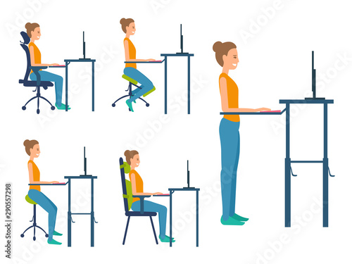 Different types of seats. Saddle chair, standing workplace, kneeling chair, chair with orthopedic pillows, adjustable office ergonomic chair.
