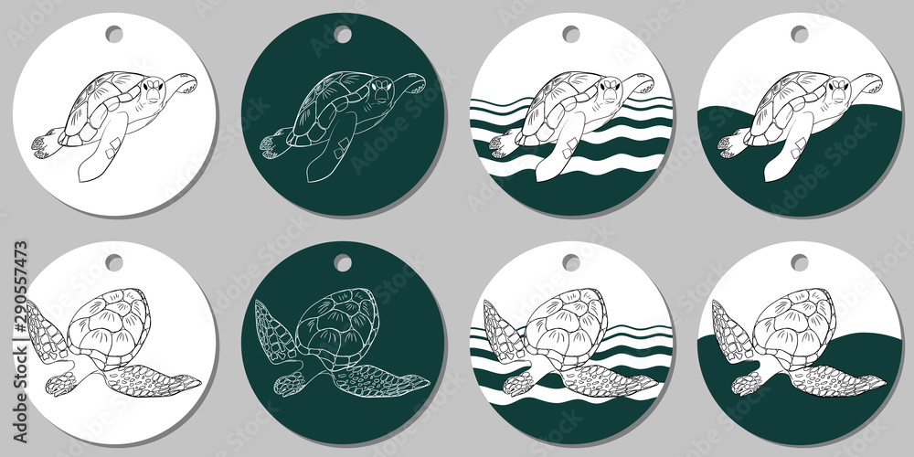 Round sticker template with sea turtle. Vector illustration with white and turquoise stains on white background Round sticker template with sea turtle. Vector illustration with white and turquoise stains on white background